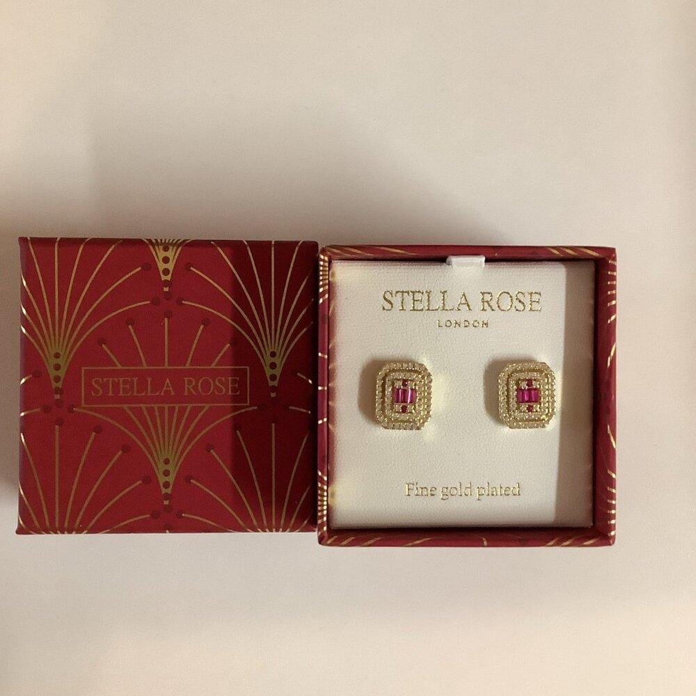 Stella Rose London Square Fine Gold Plated Bedazzled Stud Earrings, New In Box